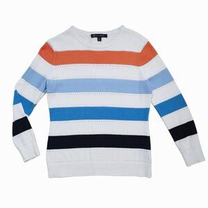 Brooks Brothers White Crewneck Sweater with Orange and Blue Stripes| Size S